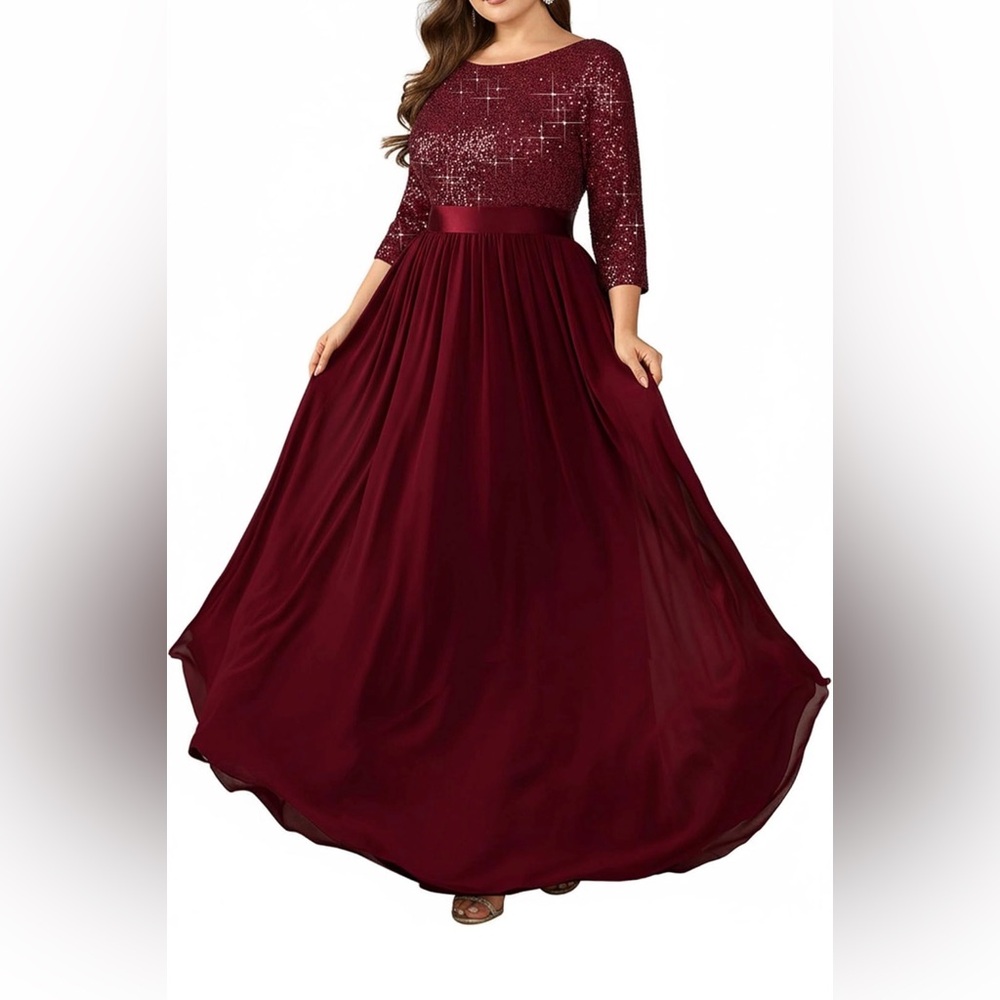 Elegant Crew Neck 3/4 Long Sleeves Sequin Prom Maxi A-Line Evening Sz XL New‎ #5